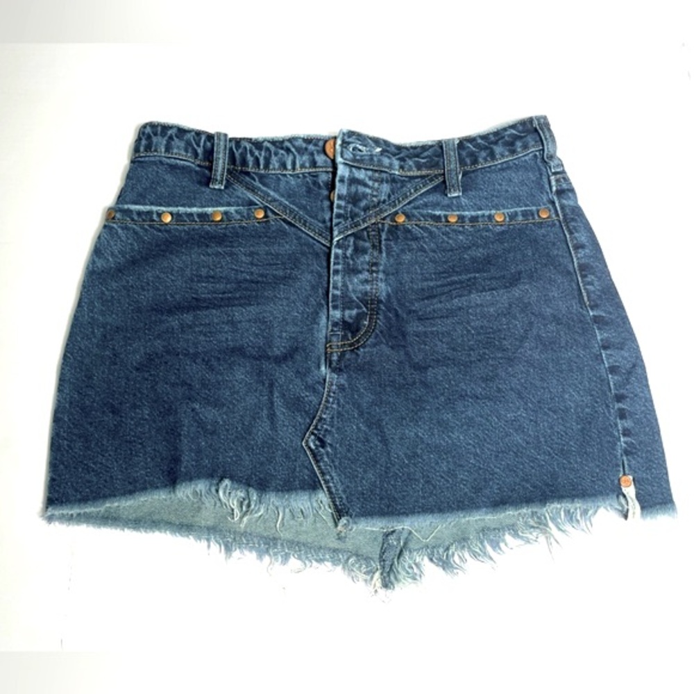OneTeaspoon Darkwash Trucker Mini Skirt Studded Distressed Raw Hem Denim Sz 27